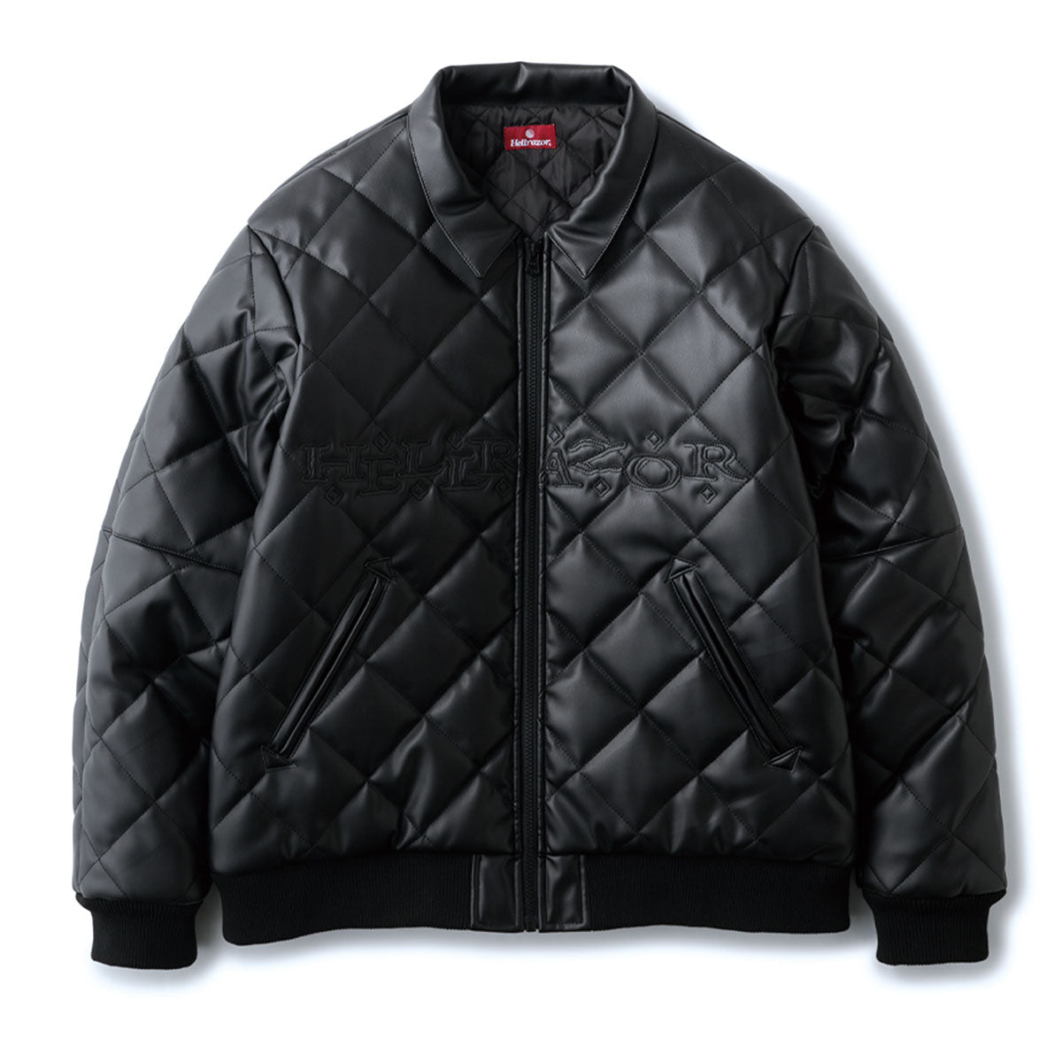 FAUX LEATHER DIAMOND QUILTED VIRSITY JACKET