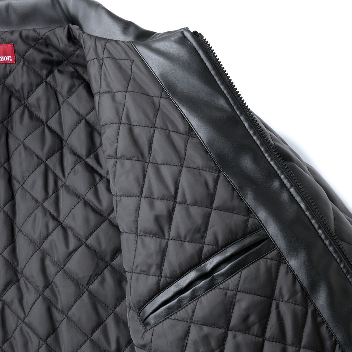 FAUX LEATHER DIAMOND QUILTED VIRSITY JACKET