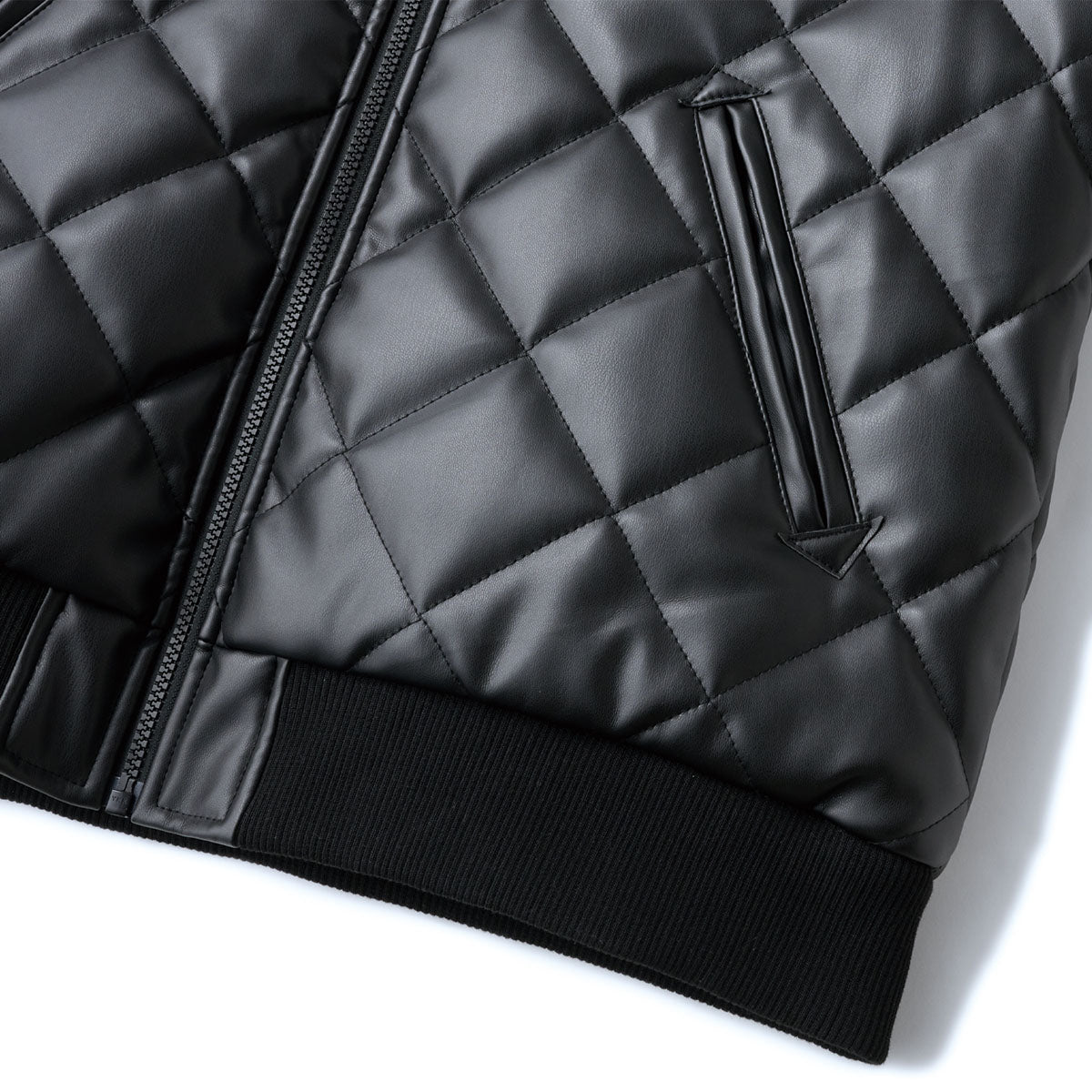 FAUX LEATHER DIAMOND QUILTED VIRSITY JACKET