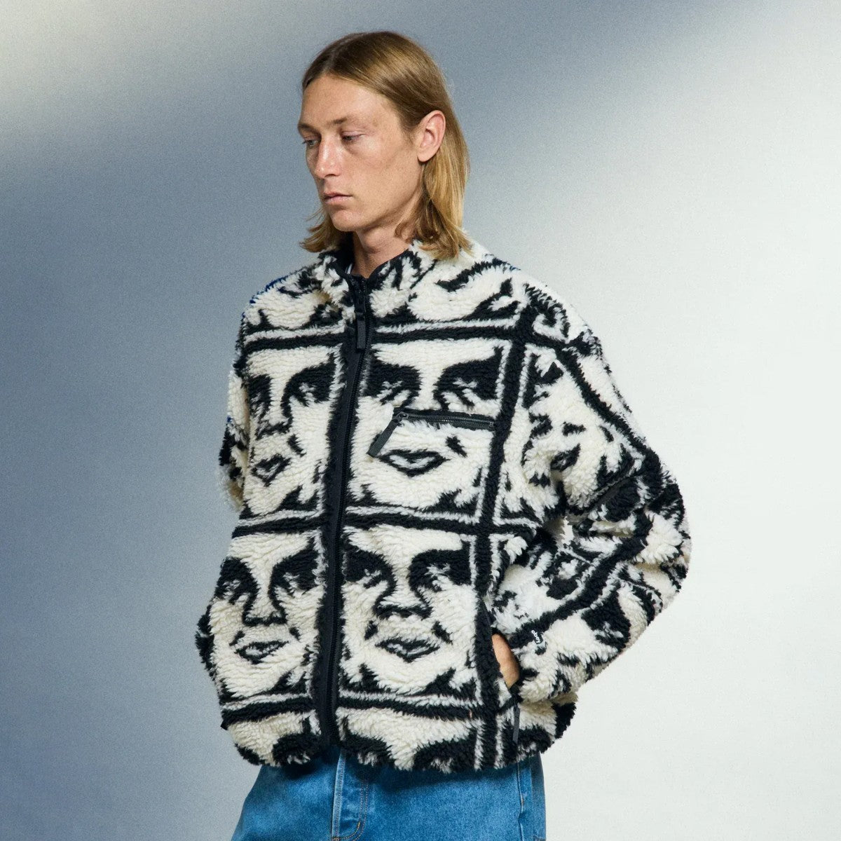 OBEY REPEATED ICON SHERPA JACKET オベイ リピーテッド アイコン シェルパ ジャケット 121800608【メンズ ジャカード シェルパ ジップジャケット 総柄 アウター カジュアル 25FW】