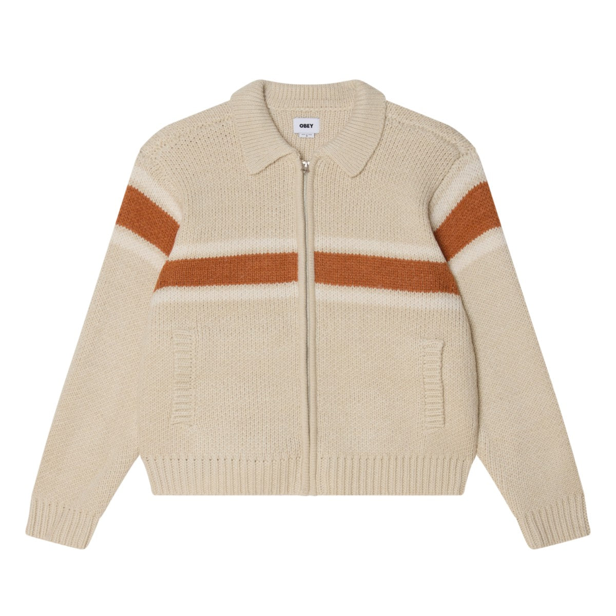 OBEY BERNARD ZIP UP SWEATER オベイ バーナード ジップアップ セーター 151010044【メンズ ジップアップセーター ニット リブ仕様 カジュアル ロゴ刺繍 25FW】