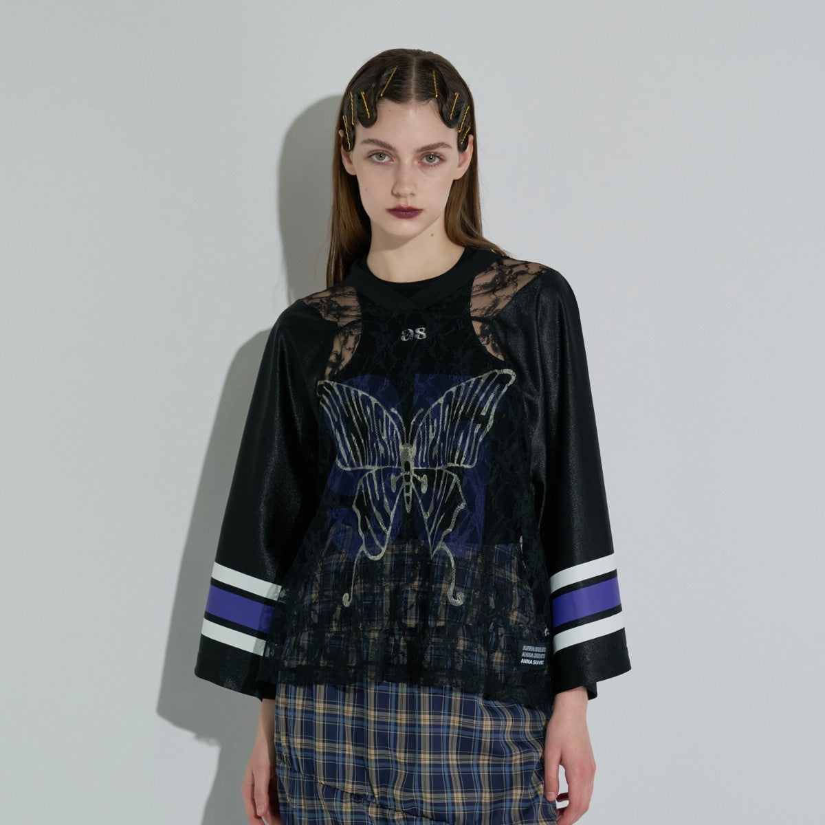 ANNA SUI NYC BUTTERFLY PRINT GAME SHIRT アナスイ エヌワイシー バタフライプリントゲームシャツ 15213296【レディース ゲームシャツ レース素材 ナンバリングプリント 蝶モチーフ スポーティ 25FW】
