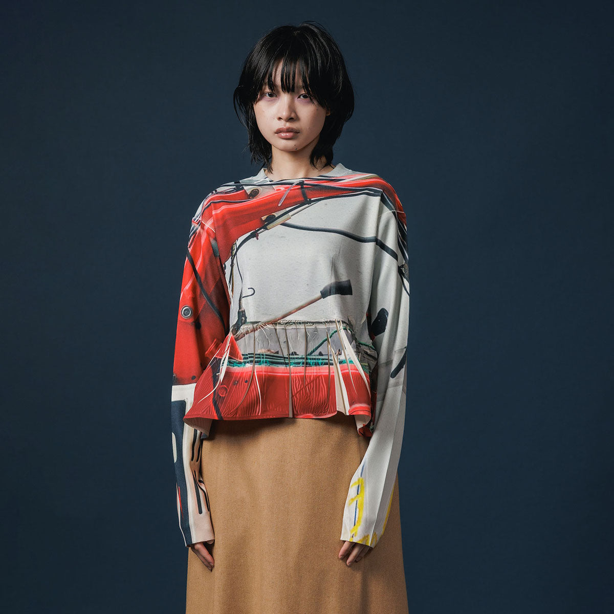 NON TOKYO DIRECT PRINT RIB GATHER C/S ノントーキョー ダイレクトプリントリブギャザーカットソー NON-25A-0919【レディース ストレッチ性 ポリエステル素材 イージーケア 転写フォトプリント 25FW】