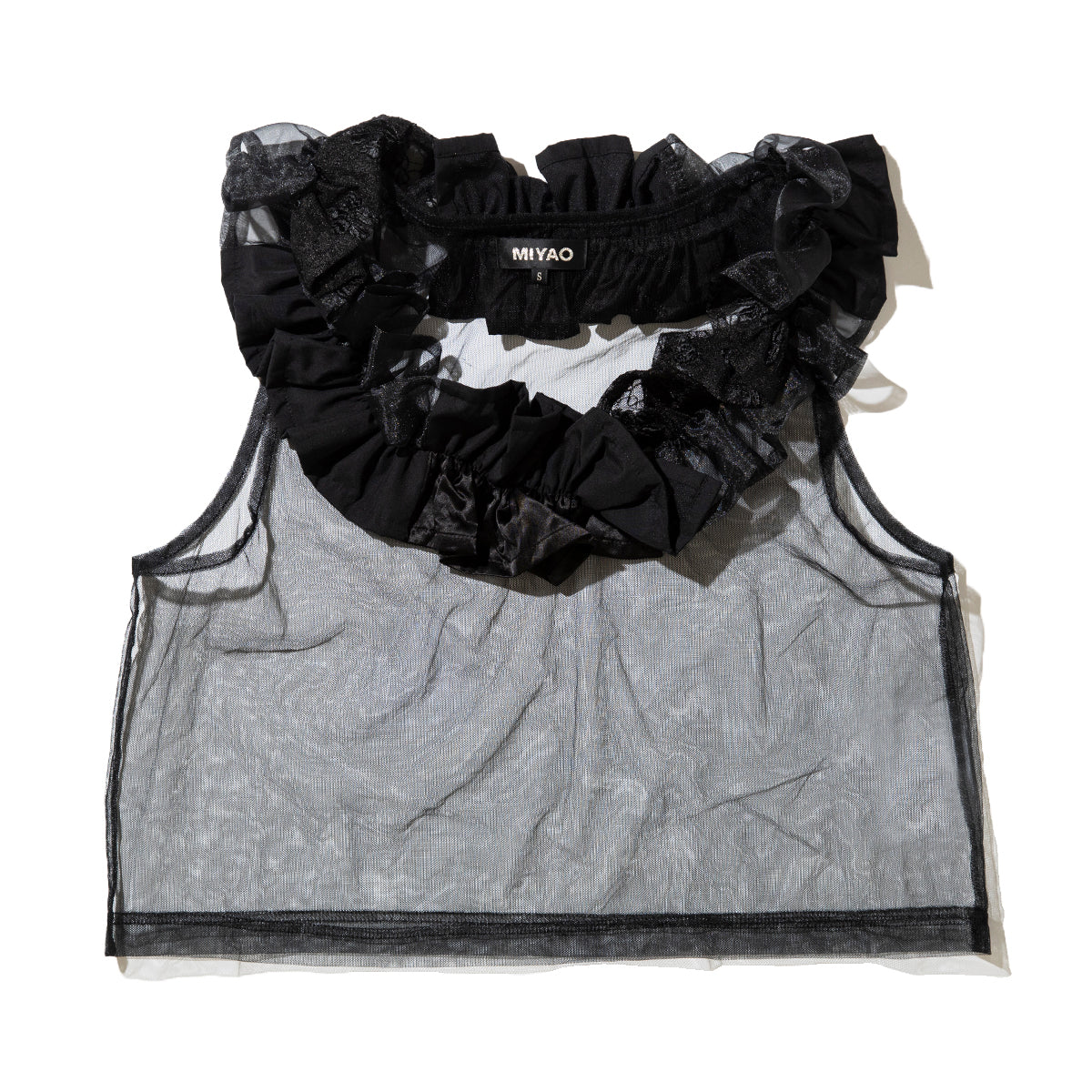 ▪️専用　BORDER FRILL TOP(38) 　BLACK Georgette Lace Trim Flyaway Top Black | Garage