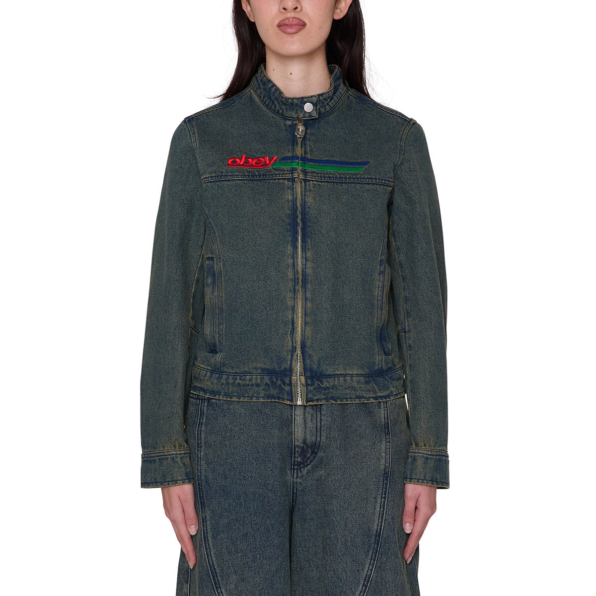 OBEY ROVE MOTO JACKET オベイ ローヴ モト ジャケット 221800455【レディース デニムジャケット 刺繡 レギュラーフィット 12オンスデニム 26FW】