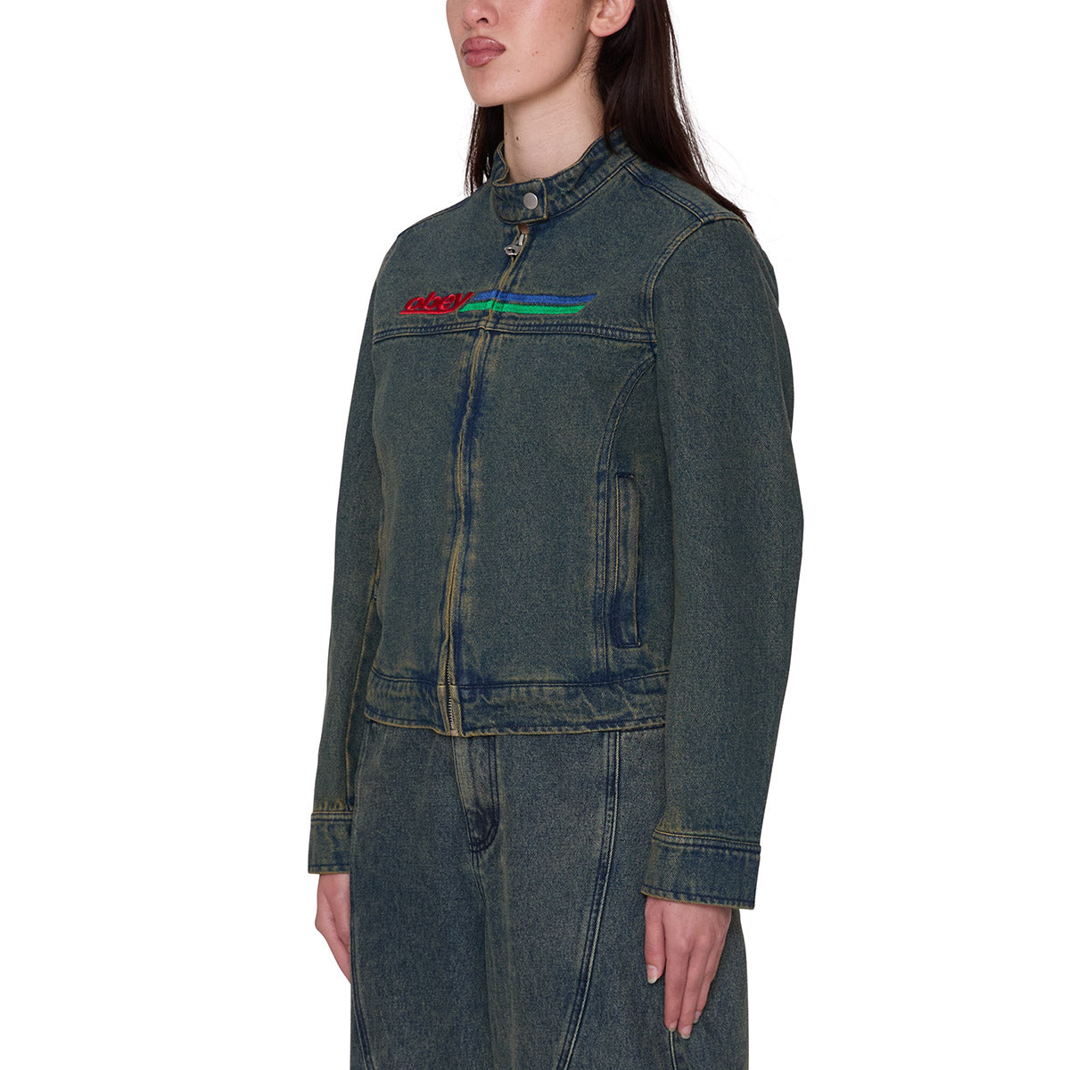 OBEY ROVE MOTO JACKET オベイ ローヴ モト ジャケット 221800455【レディース デニムジャケット 刺繡 レギュラーフィット 12オンスデニム 26FW】