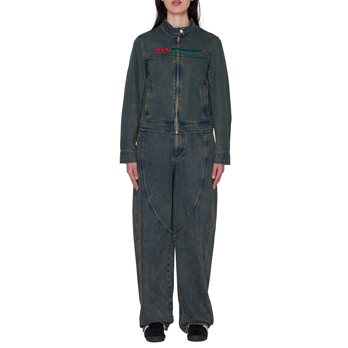OBEY ROVE MOTO JACKET オベイ ローヴ モト ジャケット 221800455【レディース デニムジャケット 刺繡 レギュラーフィット 12オンスデニム 26FW】