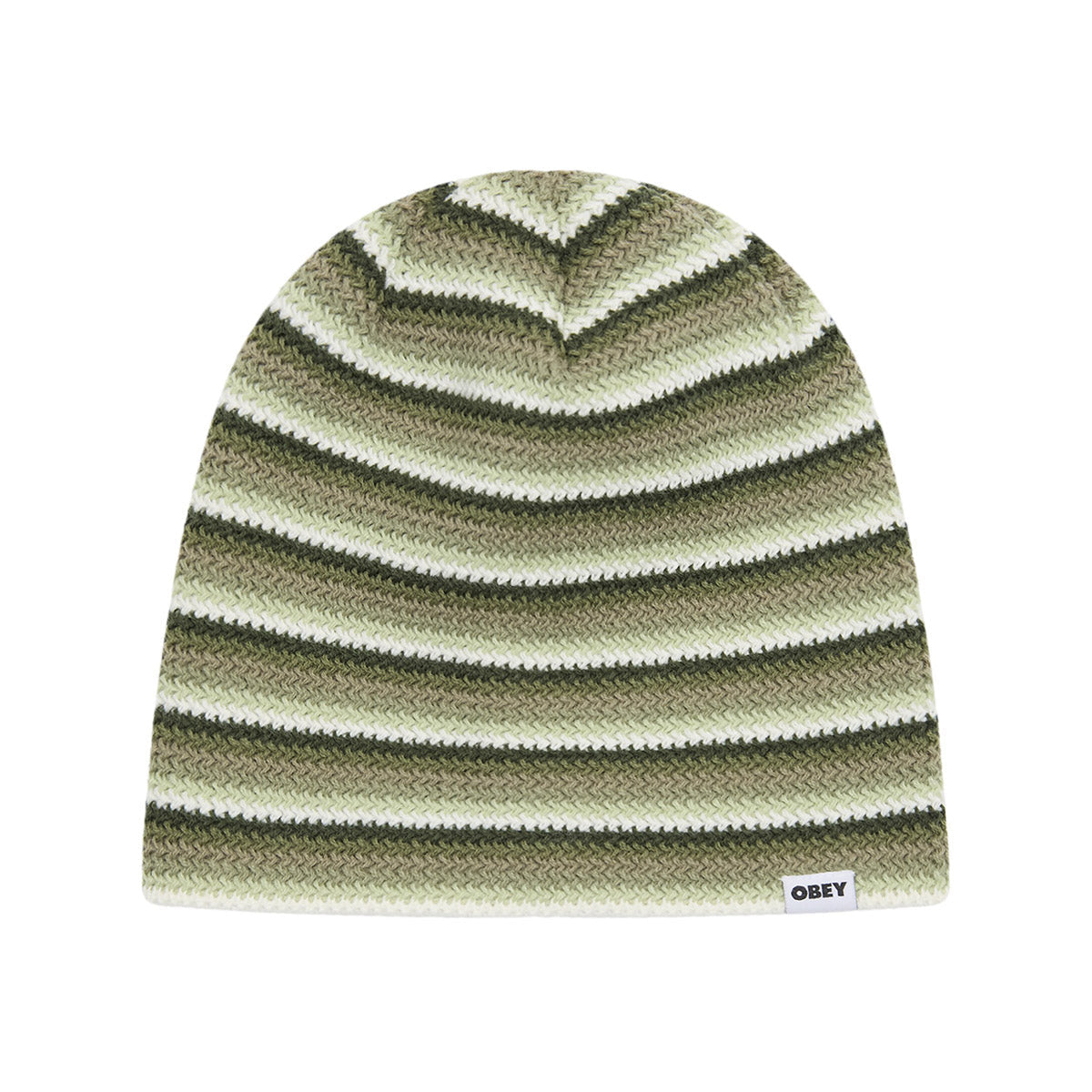 OBEY BROADCAST BEANIE オベイ ブロードキャスト ビーニー 100030242【メンズ 袖口リブなし ストライプ柄 ニット編み ロゴラベル付き 26FW】