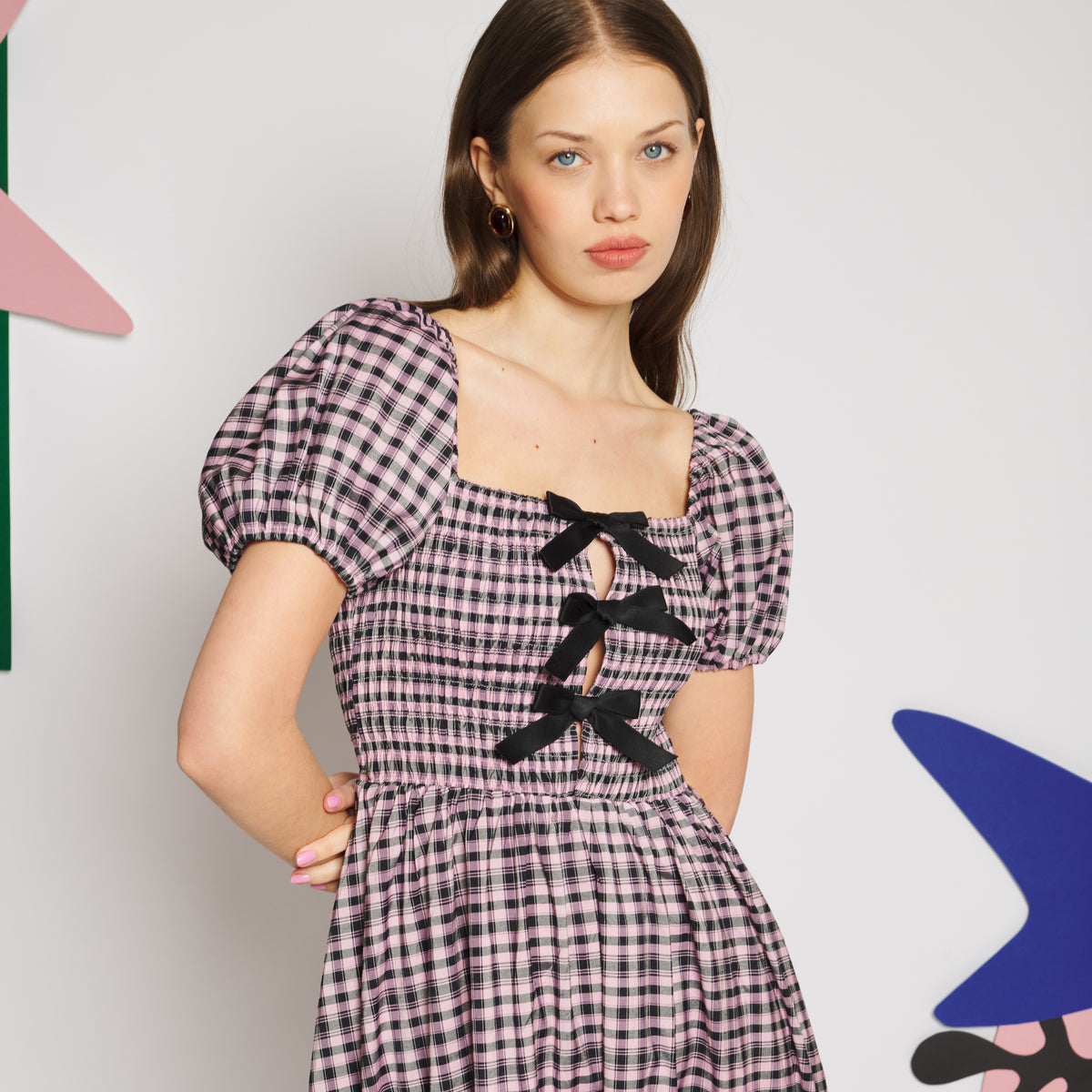 Sister Jane Vence Check Bow Midi One-Piece シスター ジェーン ヴァンス チェック ボウ ミディ ワンピース 34SJ01DR2556PNK【レディース ワンピース シャーリング パフスリーブ ガーリー チェック柄 26FW】