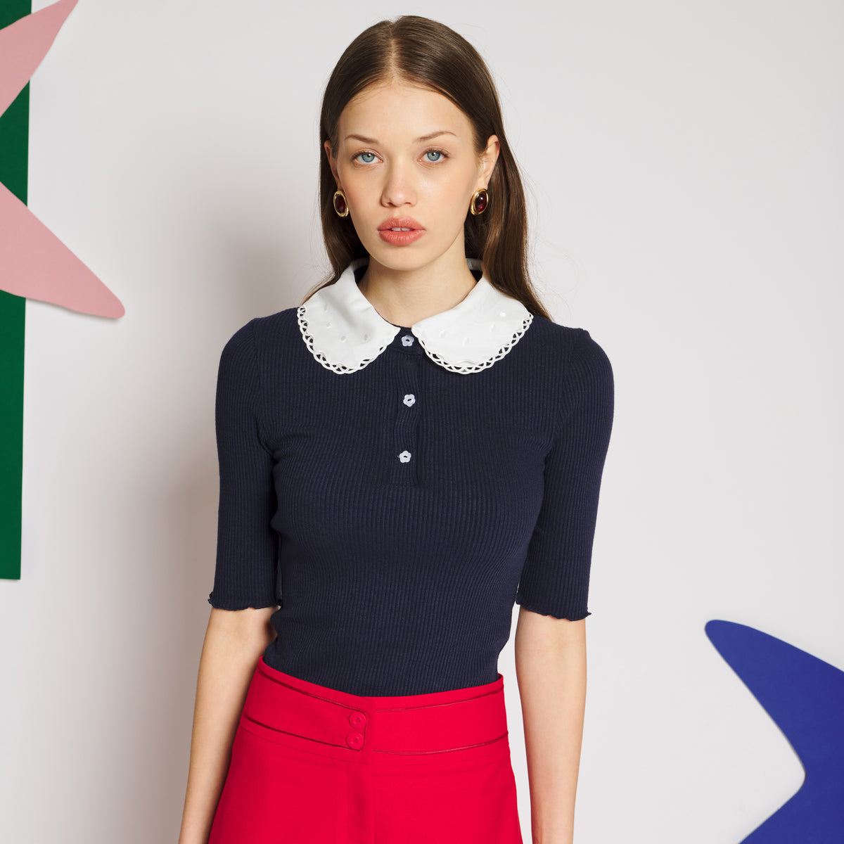 Sister Jane Elise Polo Tops シスター ジェーン エリーズ ポロ トップス 34SJ01TO653NVY【レディース ポロニット 刺繍 ガーリー 上品 デイリーユース 26FW】