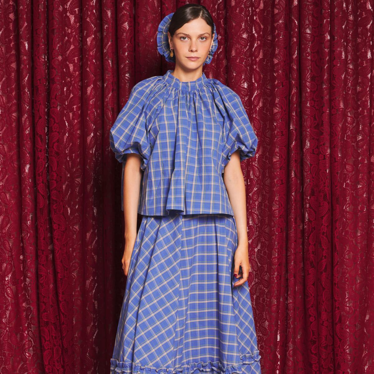 Sister Jane Lumina Check Tops シスター ジェーン ルミナ チェック トップス 34SJ02TO655BLE【レディース 半袖ブラウス ボリューム感 パフスリーブ チェック柄 26FW】