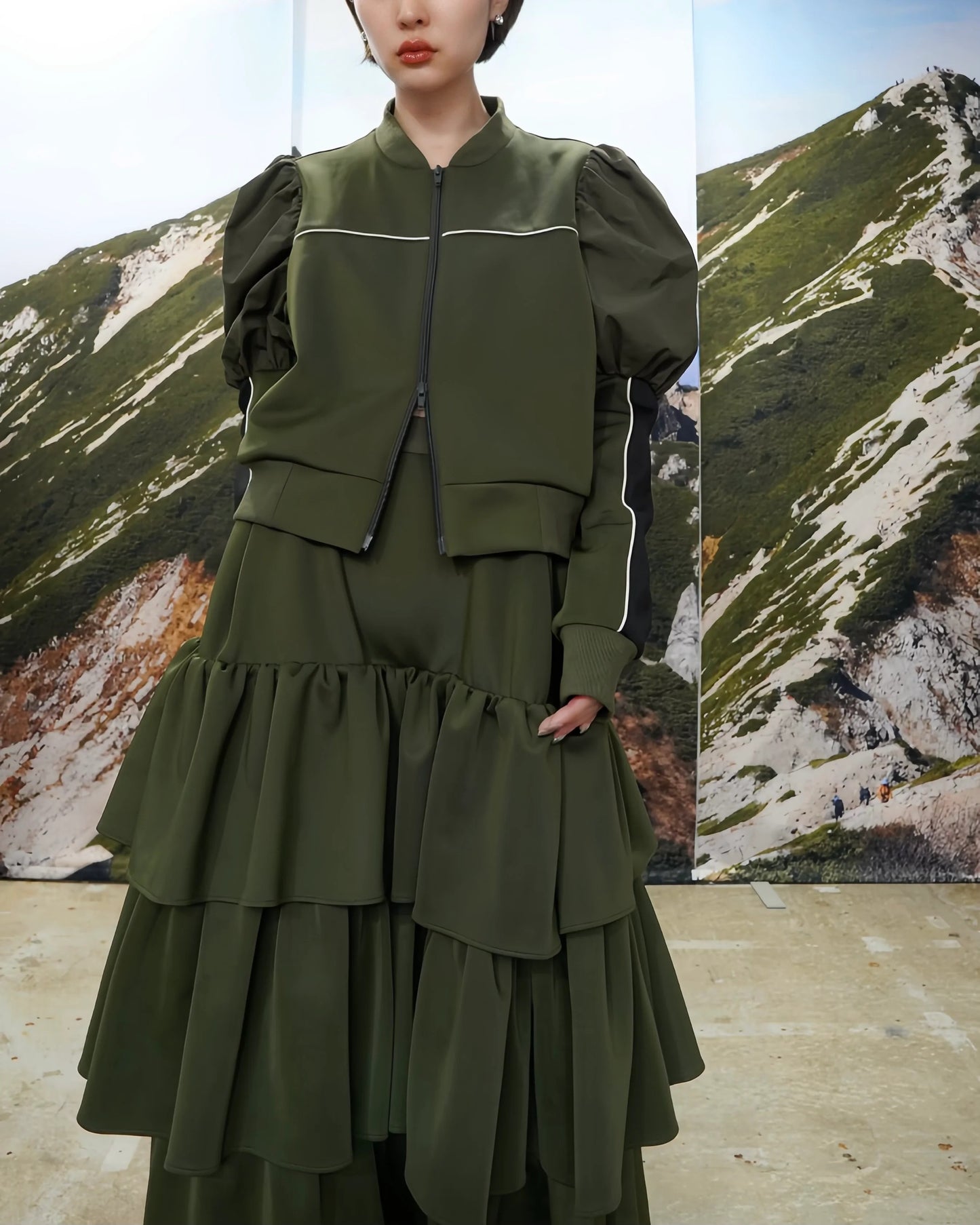 PUFF SLEEVE ZIP-UP JERSEY