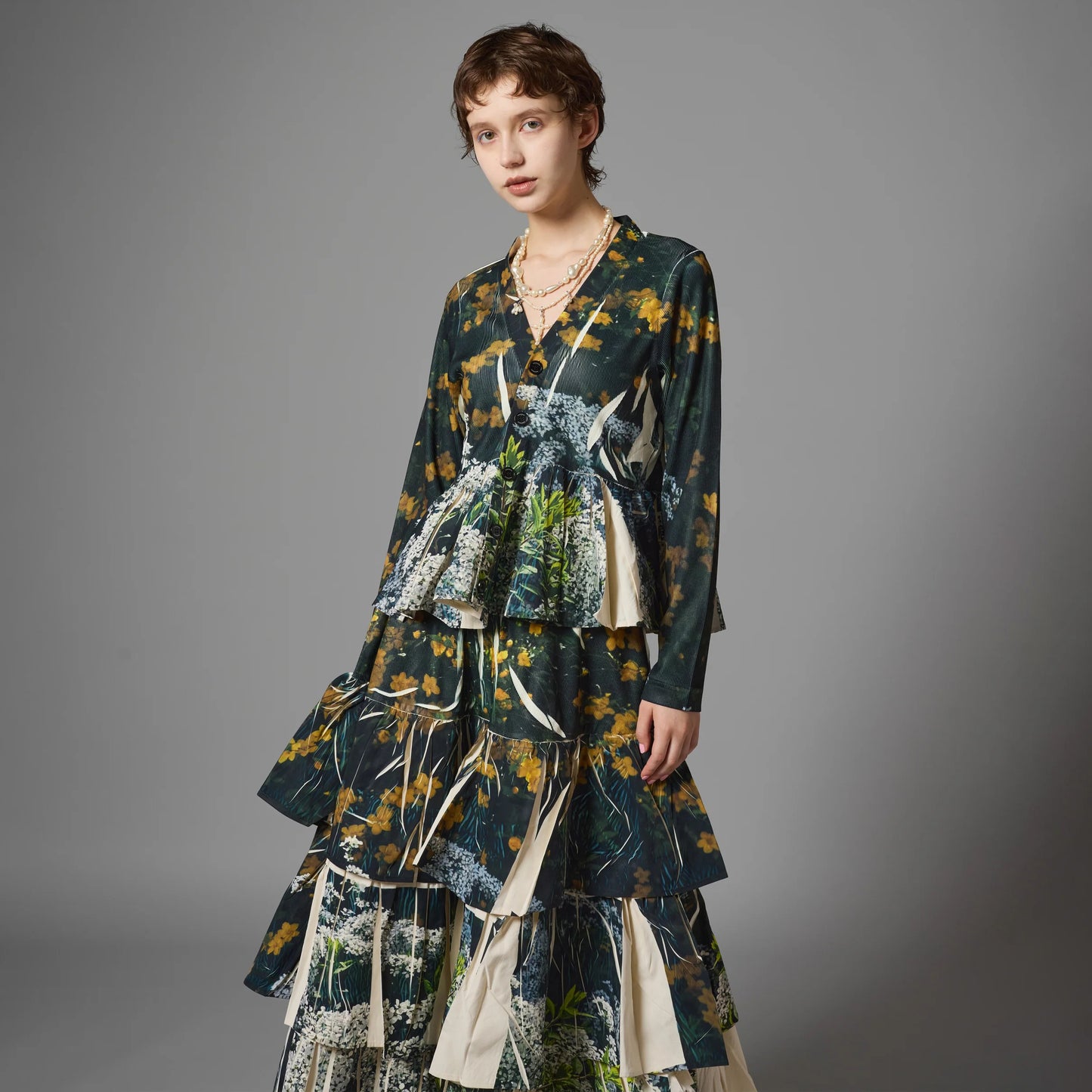 DIRECT PRINT RIB GATHER CARDIGAN