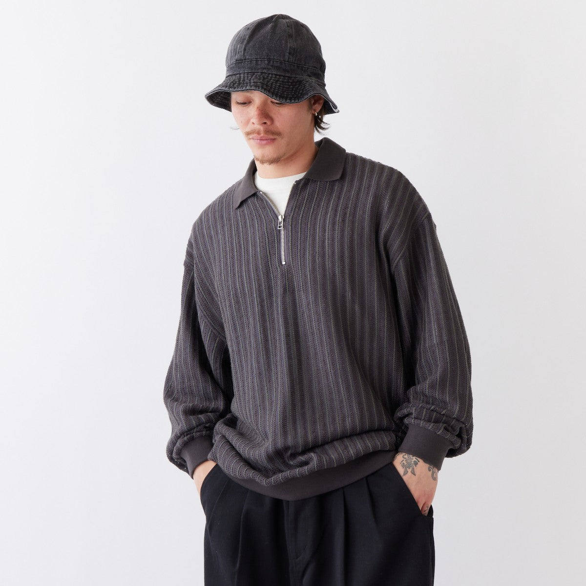 FAT RASCHELO エフエイティー ラッシェロ F32520-CT20【メンズ トップス ポロシャツ ハーフジップ ラッセル編み ストライプ 25FW】