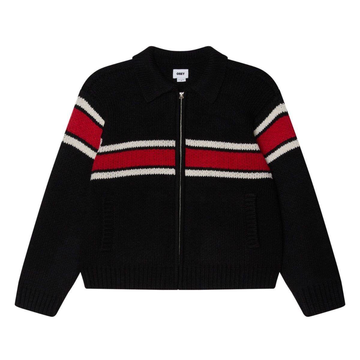 OBEY BERNARD ZIP UP SWEATER オベイ バーナード ジップアップ セーター 151010044【メンズ ジップアップセーター ニット リブ仕様 カジュアル ロゴ刺繍 25FW】