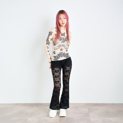 ANNA SUI NYC FLOWER LACE STRETCH PANTS アナスイ エヌワイシー フラワーレースストレッチパンツ 15130247【レディース パンツ ボトムス フラワーレース ストレッチ ベルボトム 透け感 スタイルアップ 25FW】
