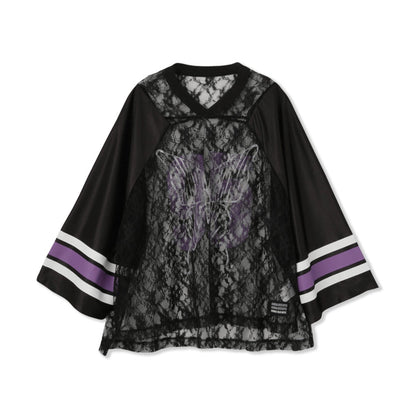 ANNA SUI NYC BUTTERFLY PRINT GAME SHIRT アナスイ エヌワイシー バタフライプリントゲームシャツ 15213296【レディース ゲームシャツ レース素材 ナンバリングプリント 蝶モチーフ スポーティ 25FW】