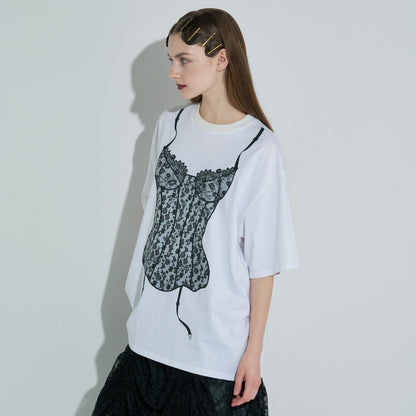 ANNA SUI NYC LINGERIE PRINT BIG T-SHIRT アナスイ エヌワイシー ランジェリープリントBIG Tシャツ 15213300【レディース 半袖Tシャツ フロントプリントプリント ビッグシルエット レースモチーフ フェミニン 25FW】