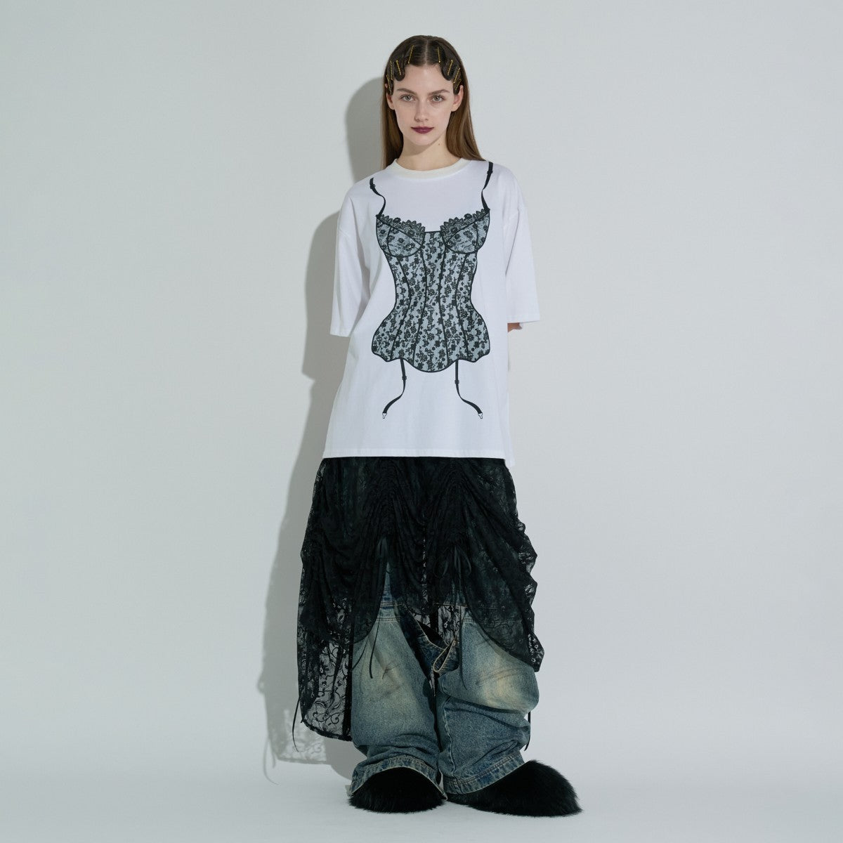 ANNA SUI NYC LINGERIE PRINT BIG T-SHIRT アナスイ エヌワイシー ランジェリープリントBIG Tシャツ 15213300【レディース 半袖Tシャツ フロントプリントプリント ビッグシルエット レースモチーフ フェミニン 25FW】