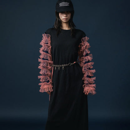 NON TOKYO FRILL SLEEVE C/S ノントーキョー フリル袖カットソー NON-25A-0811【レディース カットソー フリル チュール レイヤード ストレッチ 速乾 25FW】