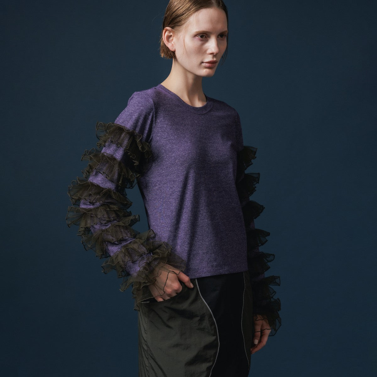 NON TOKYO FRILL SLEEVE C/S ノントーキョー フリル袖カットソー NON-25A-0811【レディース カットソー フリル チュール レイヤード ストレッチ 速乾 25FW】
