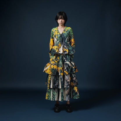 NON TOKYO DIRECT PRINT RIB GATHER LONG SKIRT ノントーキョー ダイレクトプリント リブギャザースカート NON-25A-0817【レディース ギャザースカート ティアードスカート フレア 一点物 25FW】