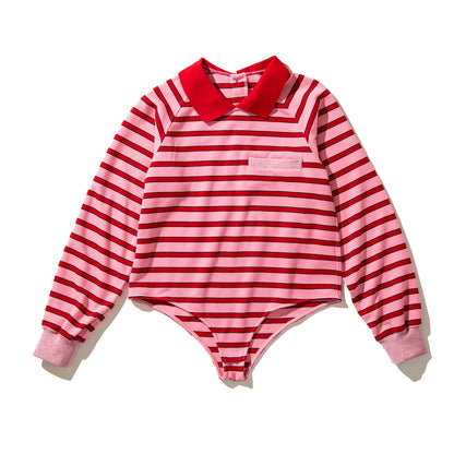 NON TOKYO BORDER POLO SHIRT  ノントーキョー ボーダーポロシャツ NON-25A-0928【レディース ボディスーツモチーフ プルオーバー 股止め付き ボーダー 25FW】