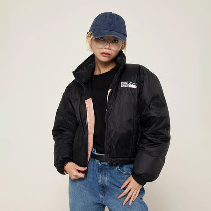 FIRST DOWN SHORT BUBBLE DOWN JKT ファーストダウン ショート バブルダウンジャケット F942006【レディース ショートダウン リバーシブル サテン 保温性 軽量 25FW】