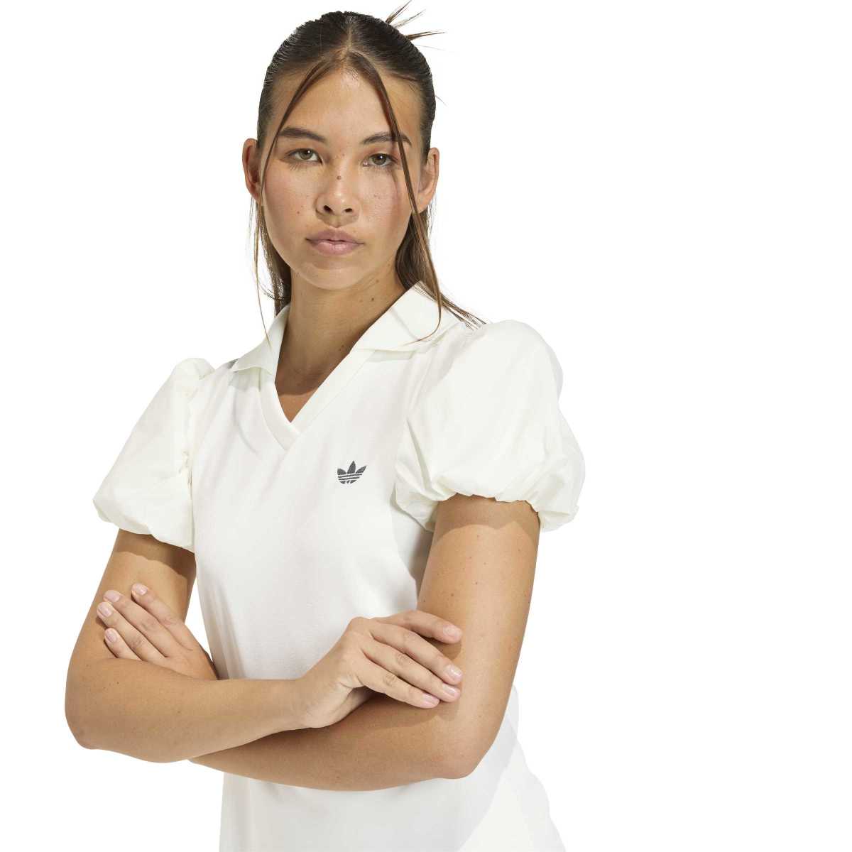 adidas originals DRESS WITH BALLOON SLEEVES アディダスオリジナルス バルーンスリーブ付きワンピース KE3437【レディース スリムフィット バルーンスリーブ ニット Vネック カジュアル モダン 26SS】
