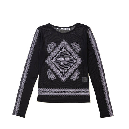 ANNA SUI NYC RACE PRINT SHEER TOP アナスイ エヌワイシー レースプリントシアートップス 16112356【レディース シアートップス 長袖 レースプリント レイヤード 透け感 26SS】