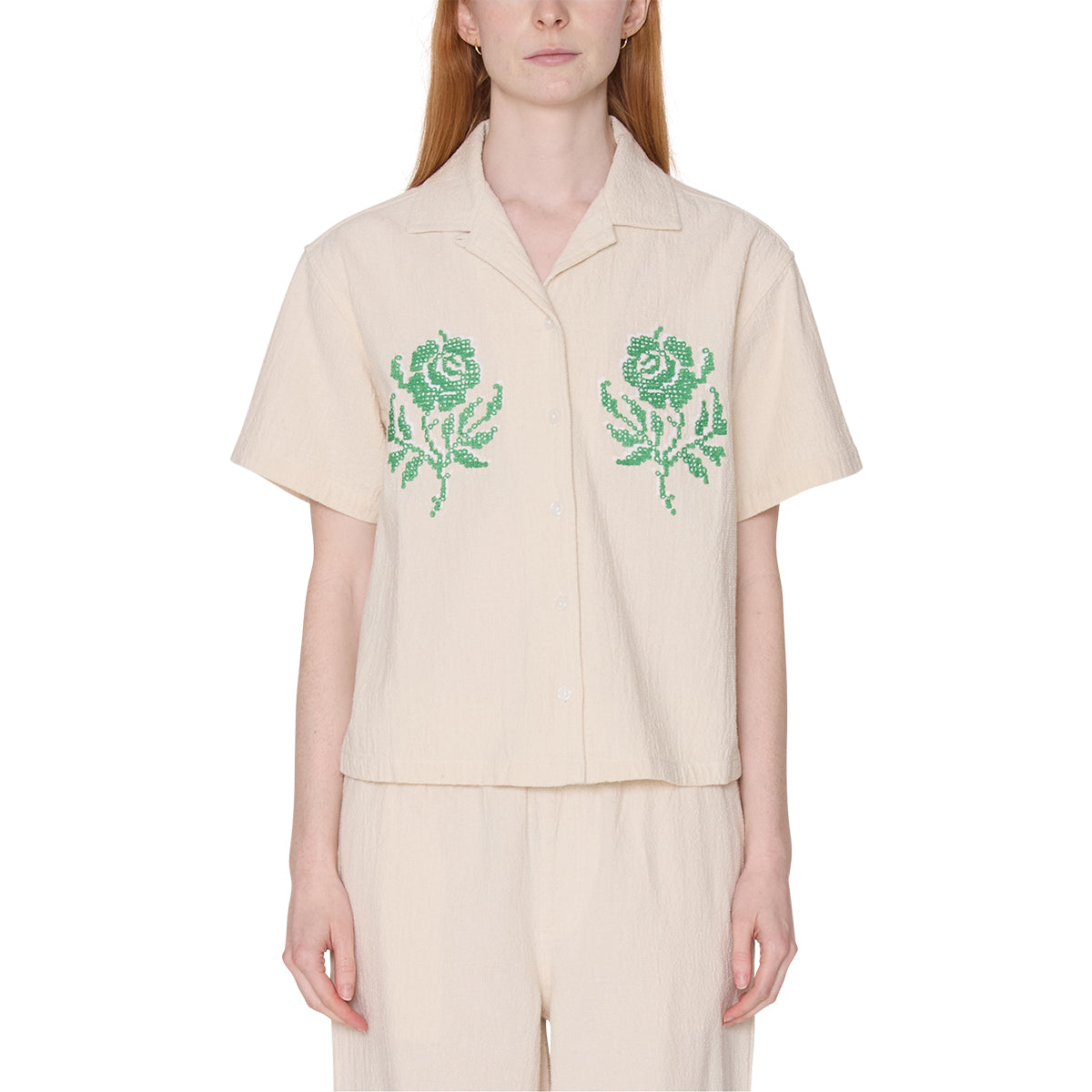 OBEY ROSES EMBELLISHED SS SHIRT オベイ ローズ エンベリッシュド ショートスリーブ シャツ 281210124【レディース コットン100％ 刺繍グラフィック 通気性 26SS】