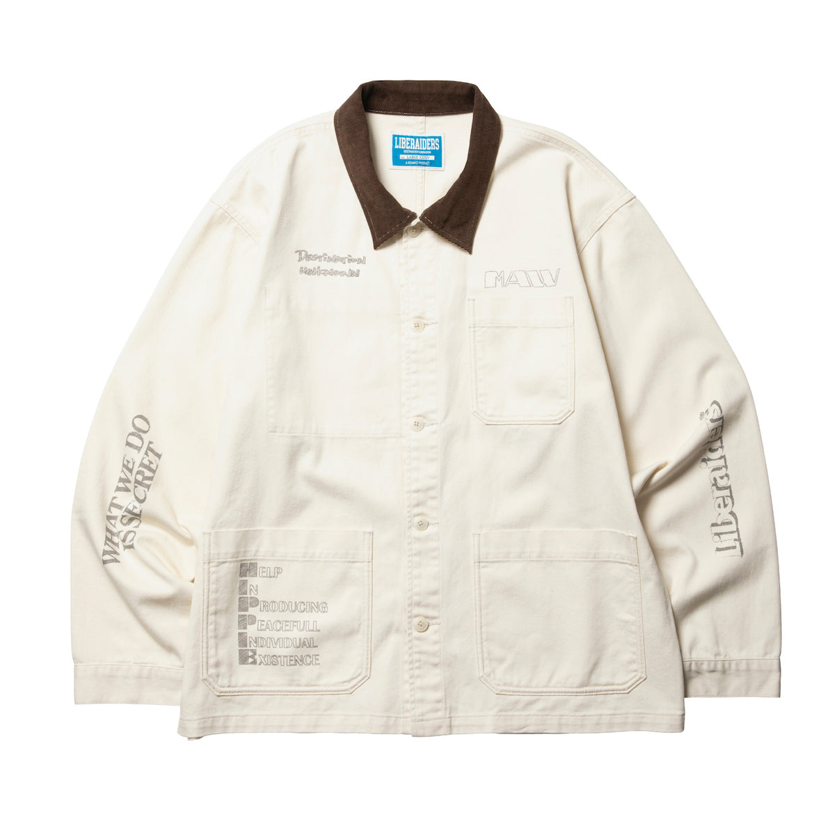 Liberaiders HANDWRITING PRINT COVERALL リベレイダース ハンドライティング プリント カバーオール 730032601【メンズ カバーオール コットンツイル ワークジャケット 手書きプリント 26SS】