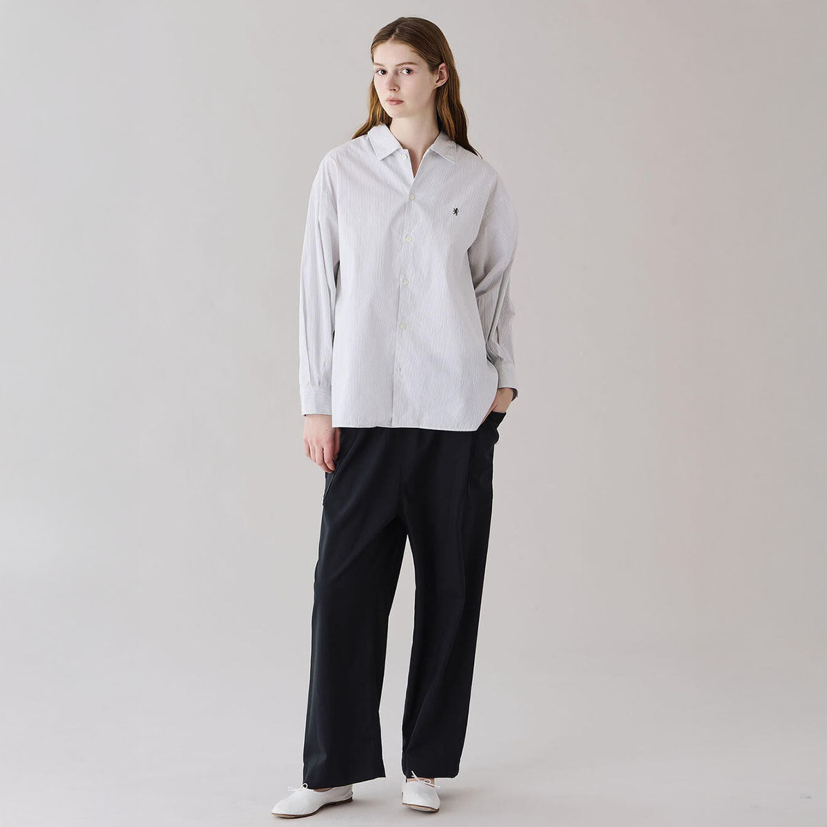 Gymphlex Cotton Stripe L/S Tunic Shirt ジムフレックス コットン ストライプ 長袖チュニックシャツ GY-B0365-PSE【レディース 長袖シャツ リラックスサイズ サイドスリット 26SS】