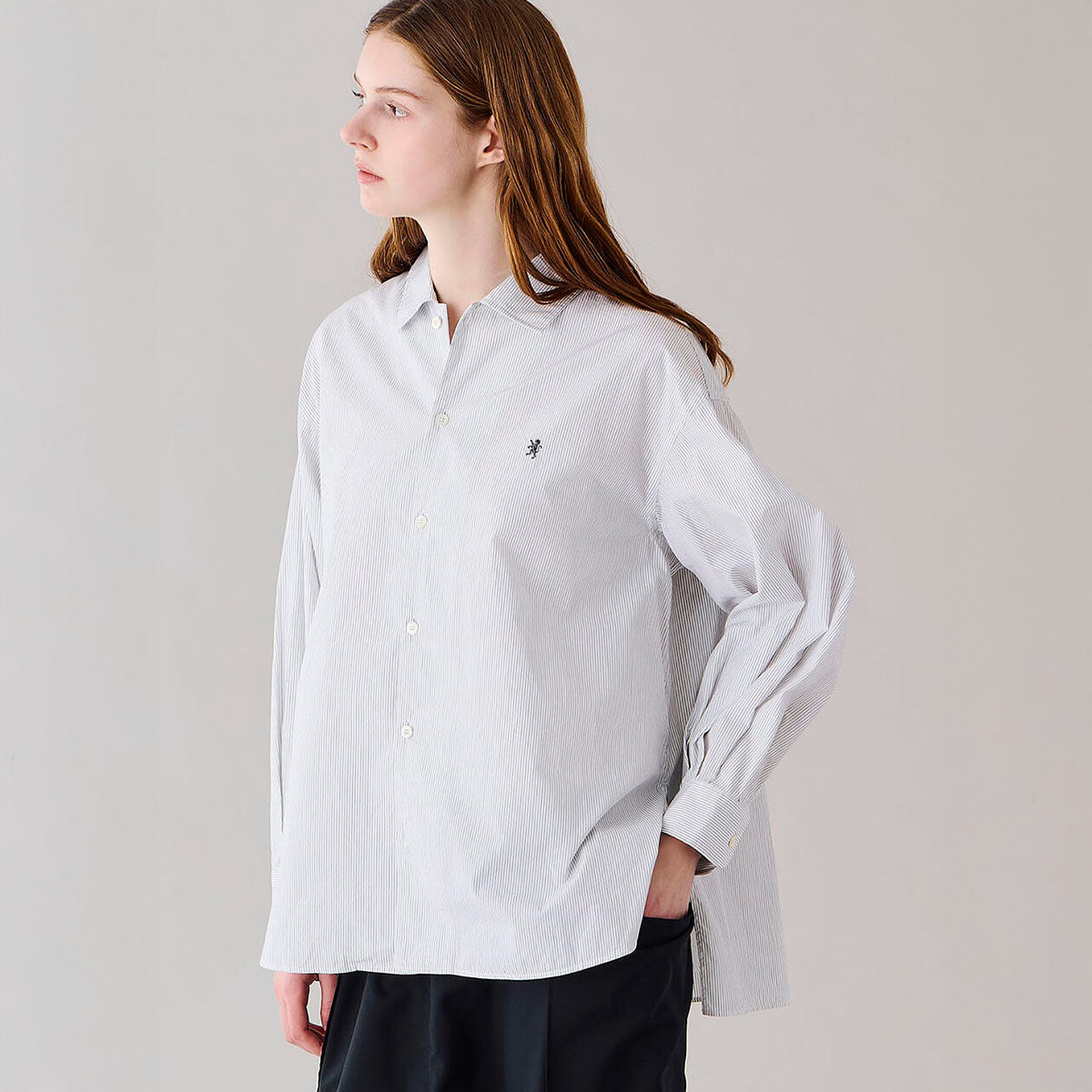 Gymphlex Cotton Stripe L/S Tunic Shirt ジムフレックス コットン ストライプ 長袖チュニックシャツ GY-B0365-PSE【レディース 長袖シャツ リラックスサイズ サイドスリット 26SS】