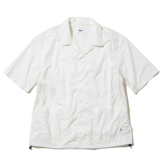 UNFRM OUTDOOR STANDARD NY TYPEWRITER PANEL MESH OPEN COLLAR SHIRT ユニフォームアウトドアスタンダード NY タイプライター パネル メッシュ オープンカラー シャツ SS-4304【メンズ ナイロン素材 通気性 半袖 26SS】