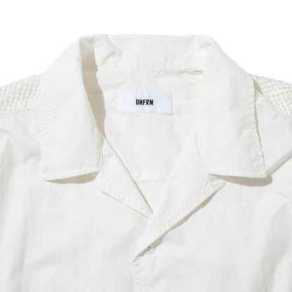 UNFRM OUTDOOR STANDARD NY TYPEWRITER PANEL MESH OPEN COLLAR SHIRT ユニフォームアウトドアスタンダード NY タイプライター パネル メッシュ オープンカラー シャツ SS-4304【メンズ ナイロン素材 通気性 半袖 26SS】