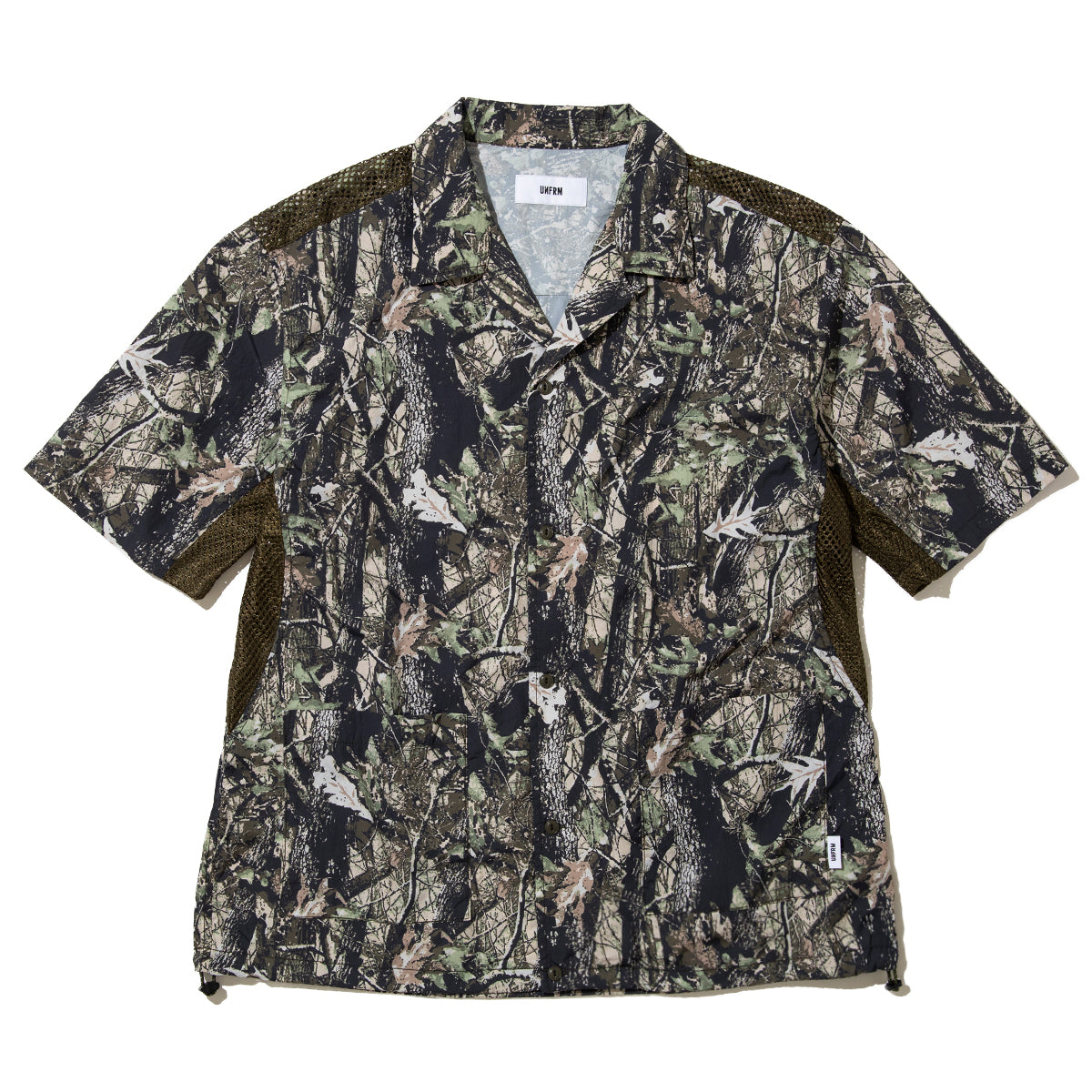 UNFRM OUTDOOR STANDARD NY TYPEWRITER PANEL MESH OPEN COLLAR SHIRT ユニフォームアウトドアスタンダード NY タイプライター パネル メッシュ オープンカラー シャツ SS-4304【メンズ ナイロン素材 通気性 半袖 26SS】
