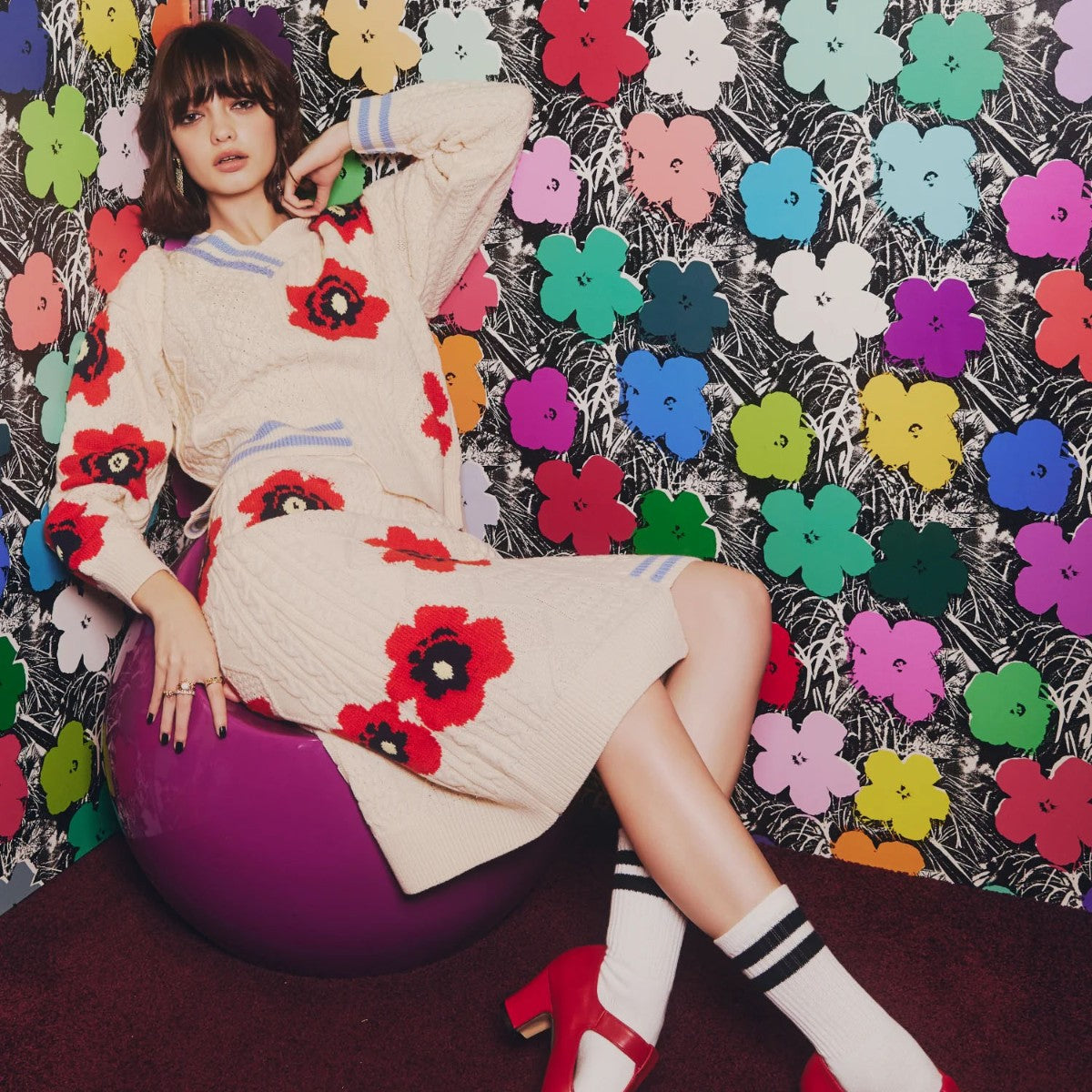 anna sui nyc Floral Pattern Mix Jacquard Pullover アナスイ エヌワイシー 花柄MIXジャガードプルオーバー 16213471【レディース ニットプルオーバー ケーブルニット 花柄 ジャカード編み アシンメトリー 26FW】