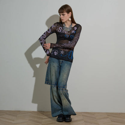 anna sui nyc Collage Sheer Tops アナスイ エヌワイシー コラージュシアートップス 16217427【レディース シアートップス コラージュトップス グラフィック レイヤード  26FW】