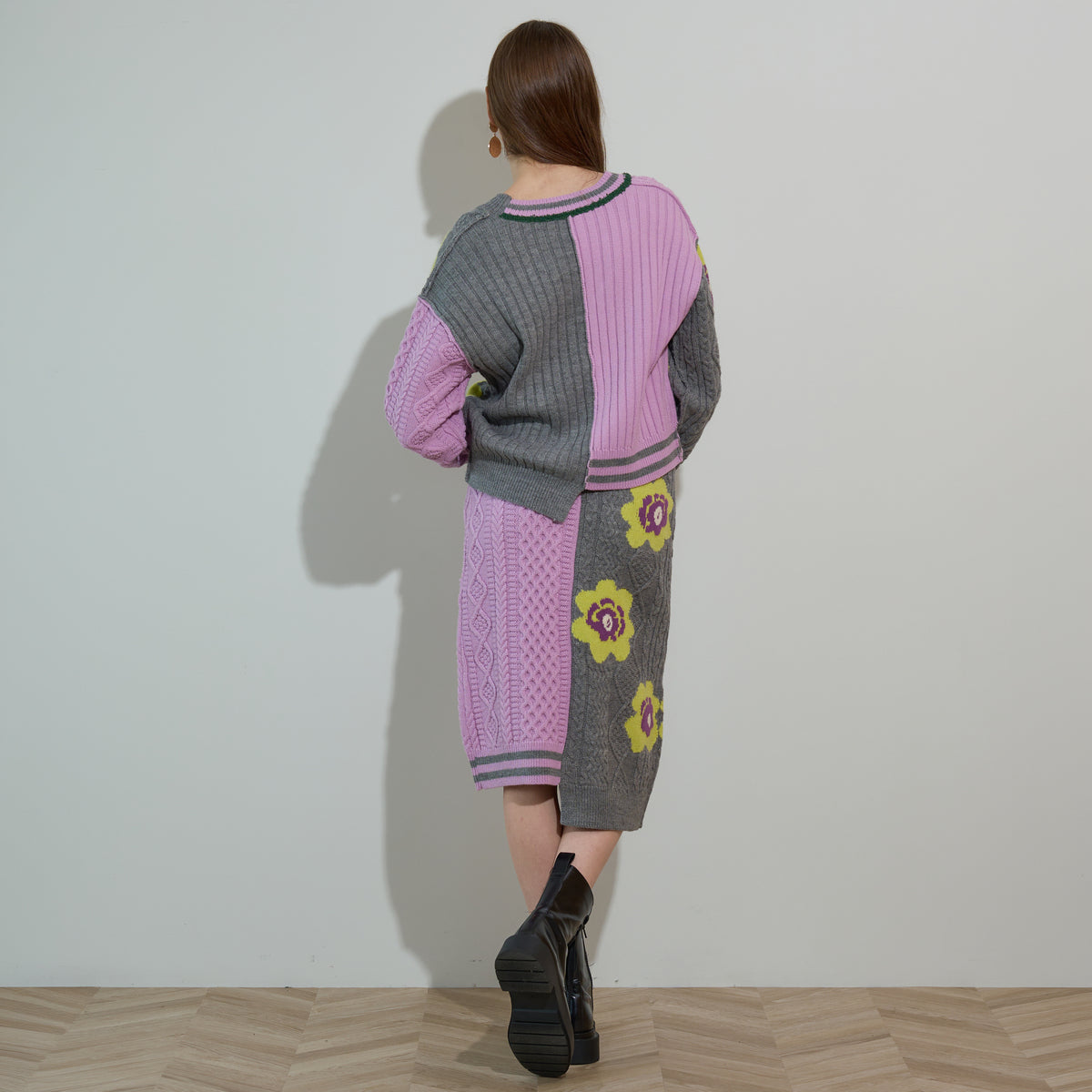anna sui nyc Floral Pattern Mix Jacquard Skirt アナスイ エヌワイシー 花柄MIXジャガードスカート 16234472【レディース ニットスカート ケーブルニット 花柄 ジャカード編み アシンメトリー 26FW】
