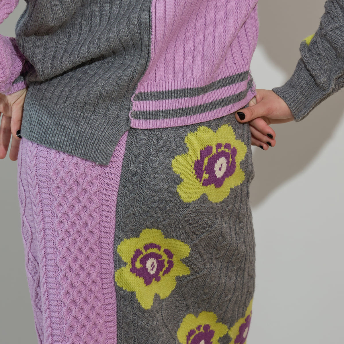 anna sui nyc Floral Pattern Mix Jacquard Skirt アナスイ エヌワイシー 花柄MIXジャガードスカート 16234472【レディース ニットスカート ケーブルニット 花柄 ジャカード編み アシンメトリー 26FW】