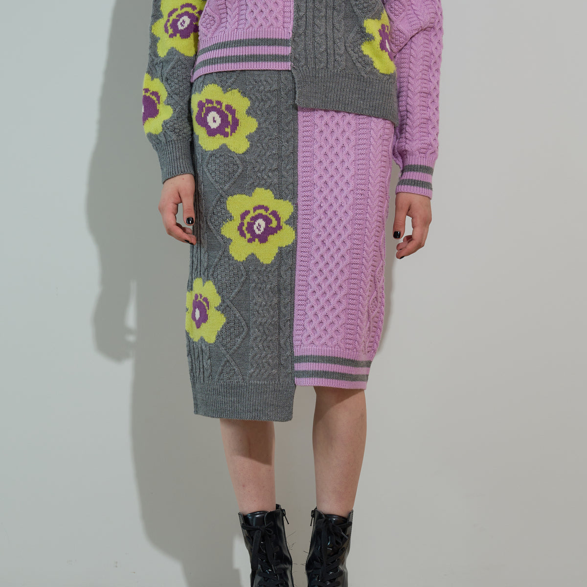 anna sui nyc Floral Pattern Mix Jacquard Skirt アナスイ エヌワイシー 花柄MIXジャガードスカート 16234472【レディース ニットスカート ケーブルニット 花柄 ジャカード編み アシンメトリー 26FW】