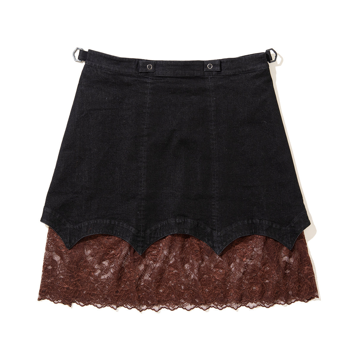 NON TOKYO Batwing Hem Denim & Lace Skirt ノントーキョー バットウィング ヘム デニム アンド レース スカート NON-26A-0912【レディース デニムスカート レース レイヤー ウォッシュ加工  26FW】