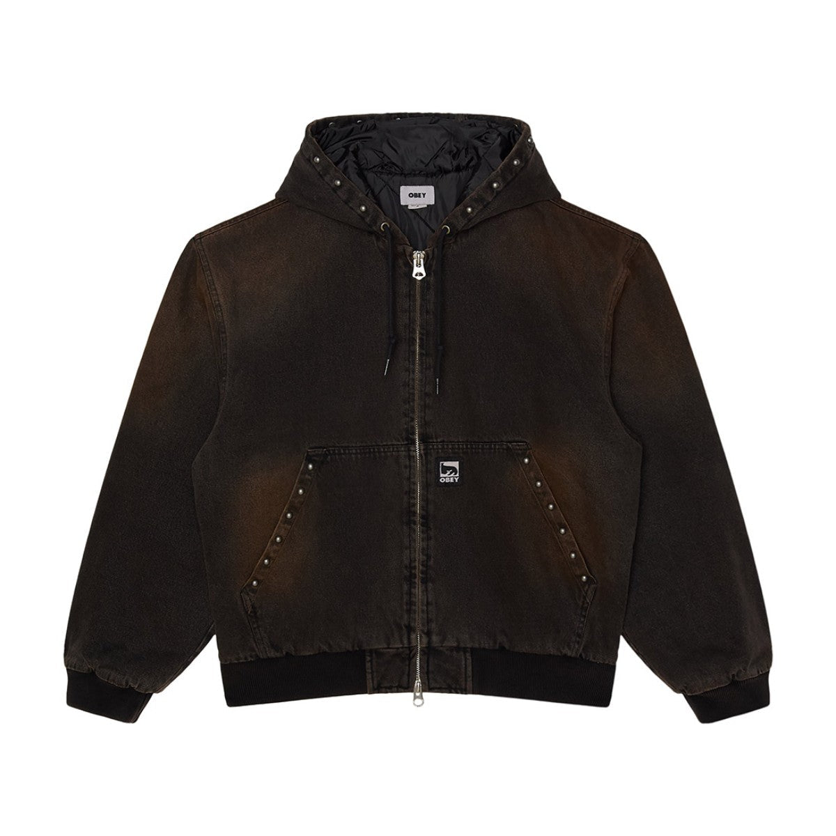 OBEY STUDDED ZIP UP JACKET オベイ スタッデッド ジップアップ ジャケット 121800633【メンズ フードジャケット メタルスタッズ ジップアップ メタルジッパー ドローコード 26FW】