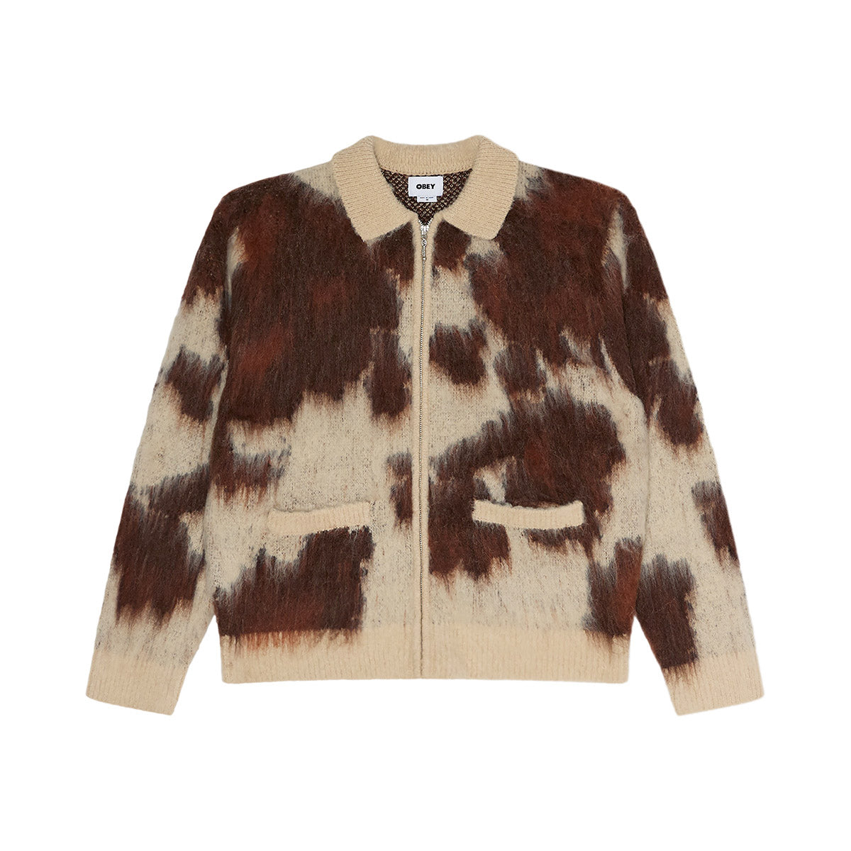 OBEY COW PATTERN ZIP SWEATER オベイ カウ パターン ジップ セーター 151010050【メンズ メタルジッパー ジップアップ ウェルトポケット リブ袖 リブ裾 26FW】