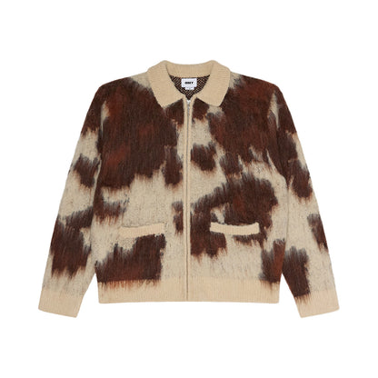 OBEY COW PATTERN ZIP SWEATER オベイ カウ パターン ジップ セーター 151010050【メンズ メタルジッパー ジップアップ ウェルトポケット リブ袖 リブ裾 26FW】