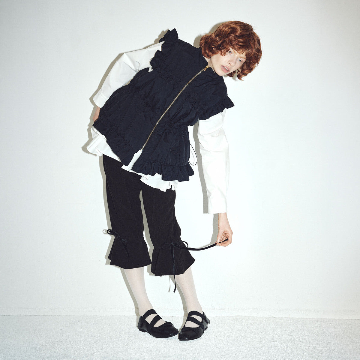 naokitomizuka Reebok Quilted Vest ナオキトミヅカ リーボック キルテッドベスト GRNTJ015【レディース ジップベスト キルト フリル コード付き ロゴ刺繍 26FW】