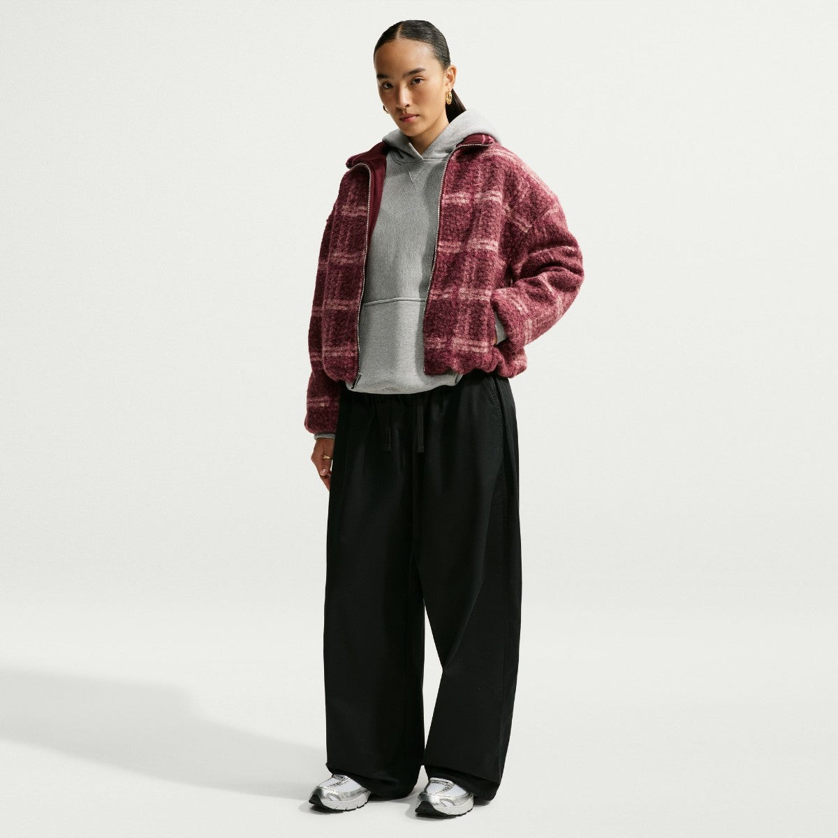 NIKE Oversized Plaid High Pile Fleece Jacket ナイキ オーバーサイズド プレイド ハイパイル フリース ジャケット IQ8269【レディース フリースジャケット チェック柄 ストライプリブ 26FW】