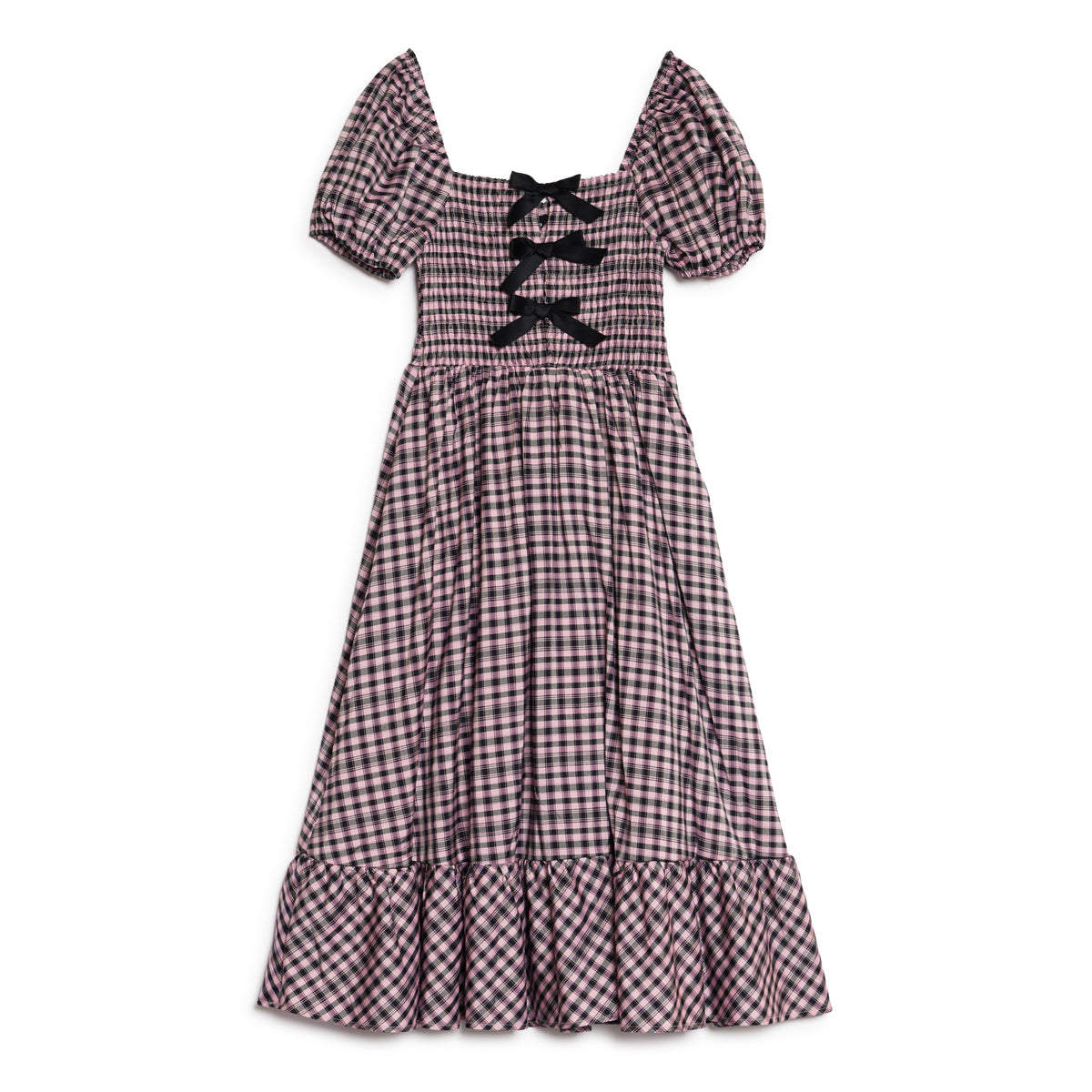 Sister Jane Vence Check Bow Midi One-Piece シスター ジェーン ヴァンス チェック ボウ ミディ ワンピース 34SJ01DR2556PNK【レディース ワンピース シャーリング パフスリーブ ガーリー チェック柄 26FW】