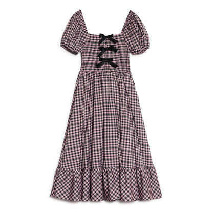 Sister Jane Vence Check Bow Midi One-Piece シスター ジェーン ヴァンス チェック ボウ ミディ ワンピース 34SJ01DR2556PNK【レディース ワンピース シャーリング パフスリーブ ガーリー チェック柄 26FW】